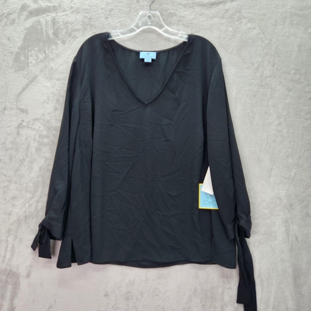 CeCe Blouse Womens Plus 3X Black Essentials‎ Tie Sleeve V Neck Top Career Office